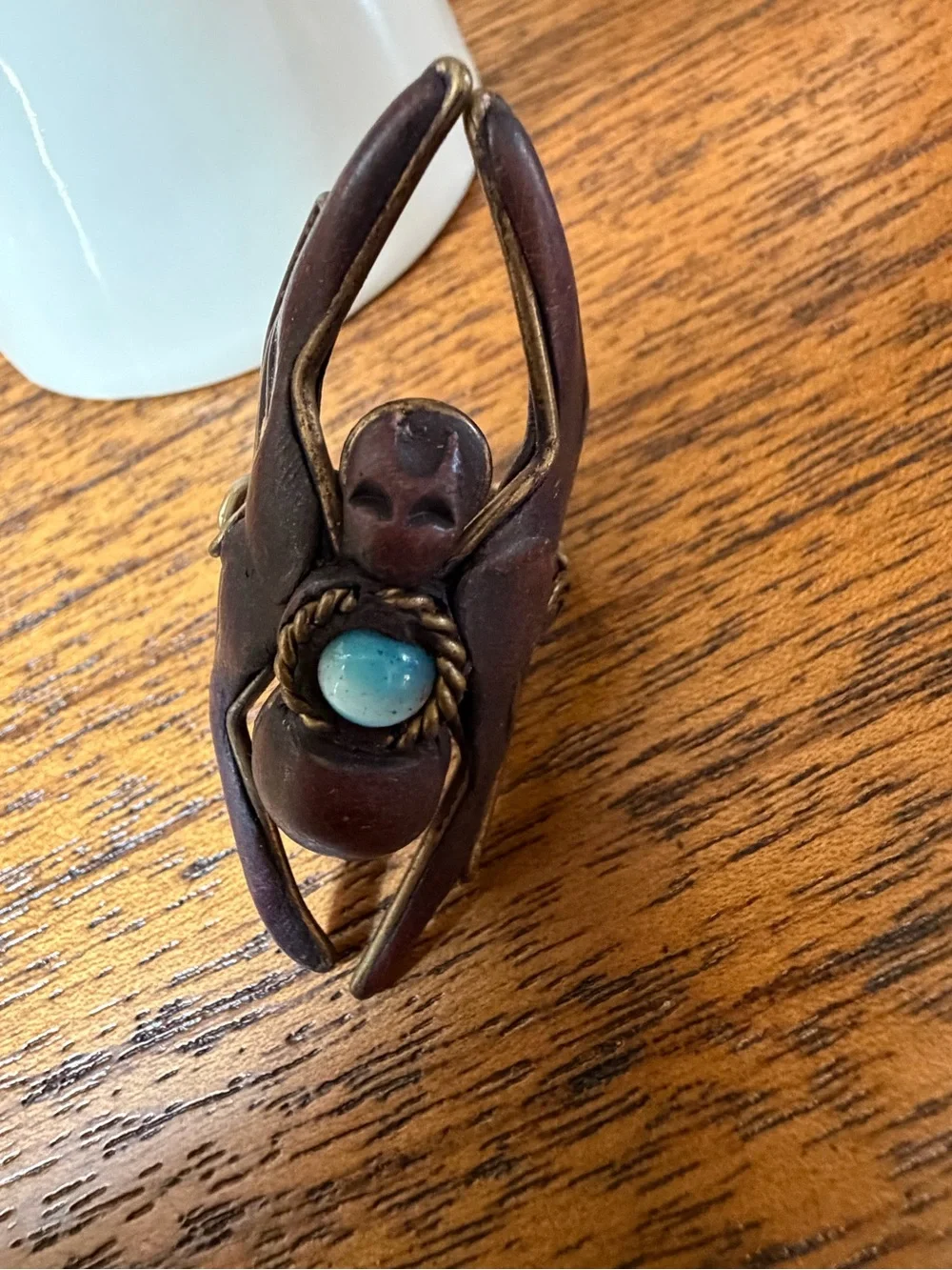 Handcrafted Bronze-Tone Scarab Ring with Blue Cabochon - Women Jewelry